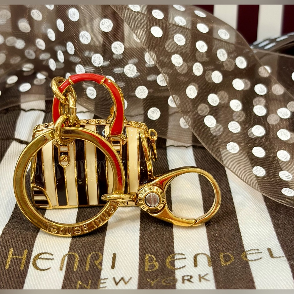 NWOT HENRI BENDEL Gold & Brown Stripe Mini Bag Keychain with Red Handle - Picture 14 of 14